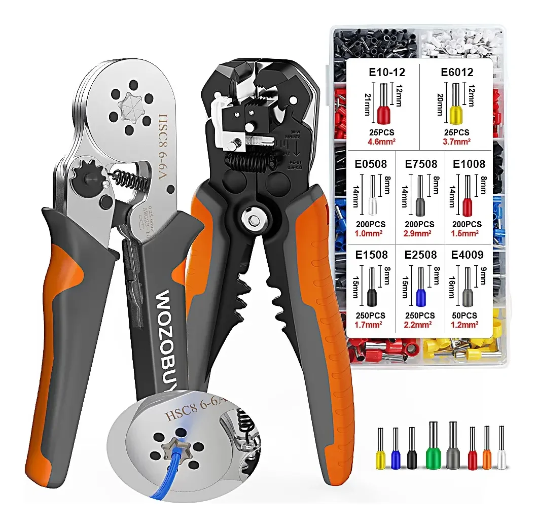 Pinza Ponchadora de Terminales de Trinquete con Pelacables y Kit de 1200 Piezas de Terminales Tubulares AWG 23 a 7