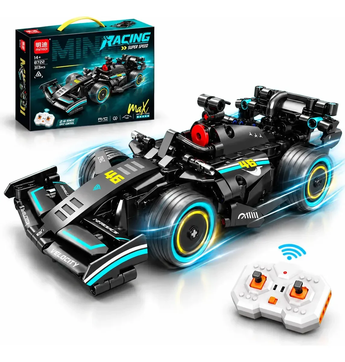 Carro de Carreras Formula 1 de Bloques para Armar a Control Remoto 2.4 GHz Escala 1:24 Auto Armable Negro con Azul