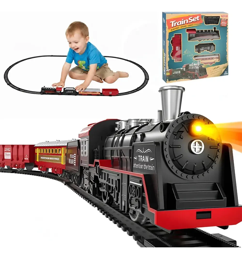 Tren Electrico de Carga y Pasajeros Juguete para Niños de 18 Piezas con Luz Sonido y Vias Ensamblables color Negro