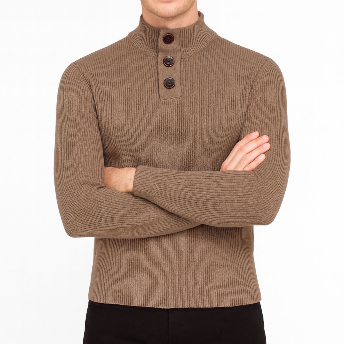 Suéter Tejido Cuello Alto Color Beige Con Botones Para Hombre CHB