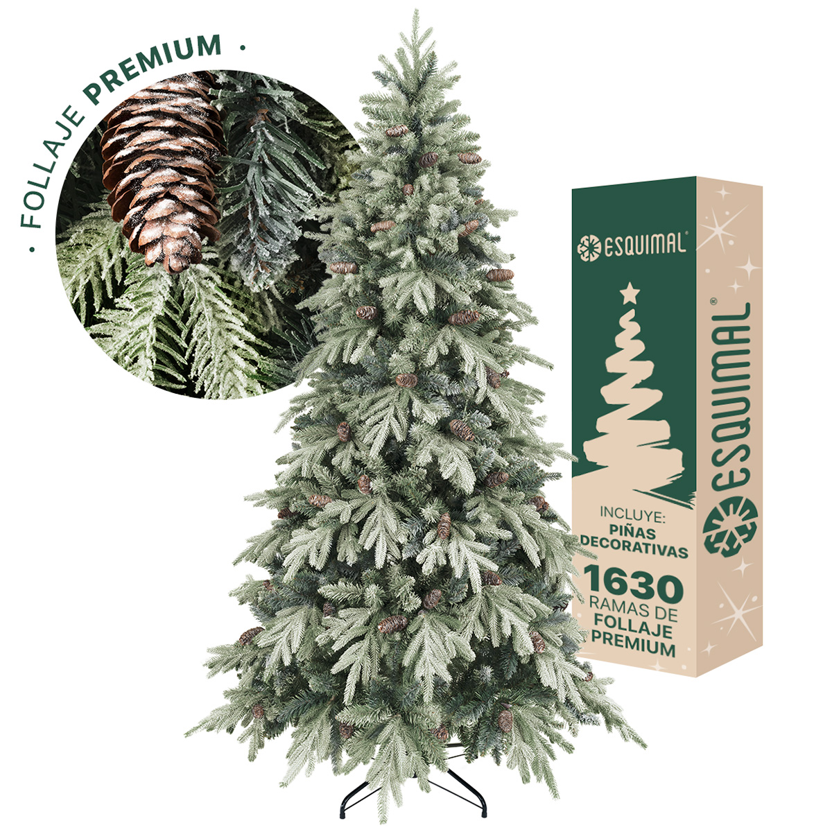 Árbol de Navidad Nevado con Piñas 2.5m. 1630 Ramas. Pino Navideño con Nieve Artificial (Verde). Esquimal