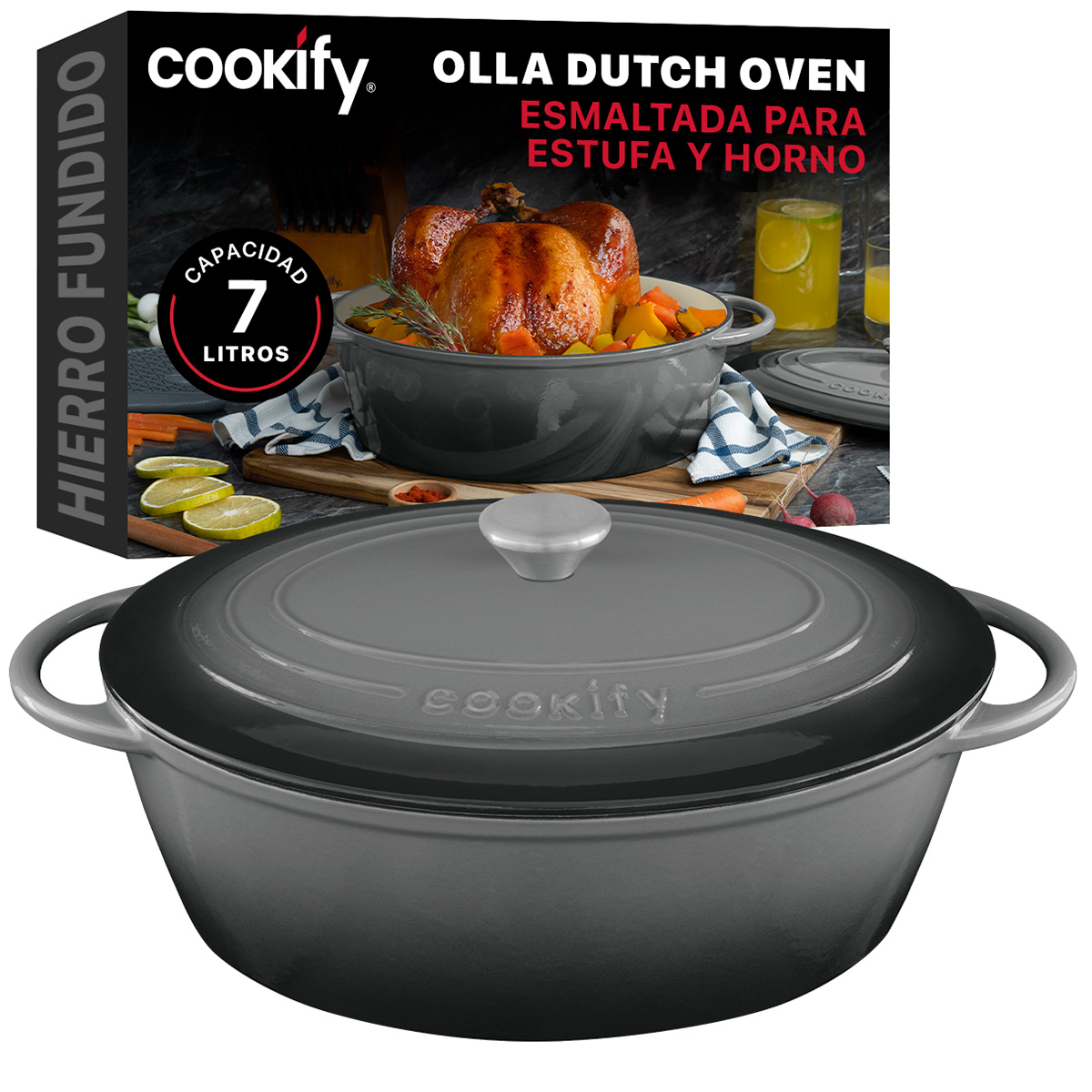 Horno Holandés Olla De Hierro Fundido Con Esmaltado 7 Lts Gris Cookify.