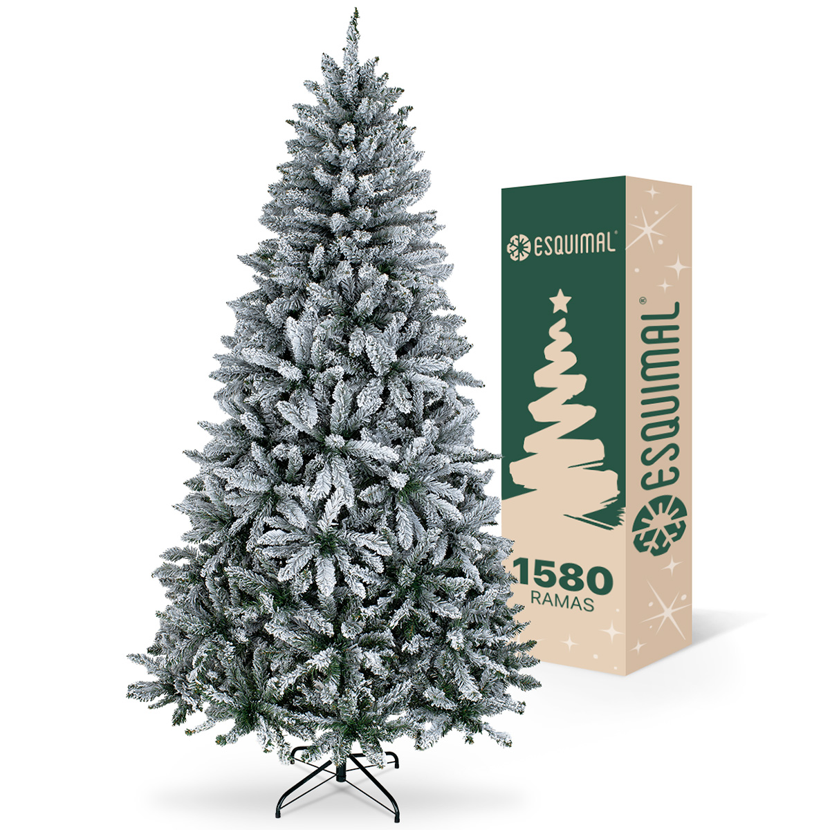 Árbol de Navidad Nevado Pino de 2.4m 1580 Ramas para Temporada Navideña (Verde). ESQUIMAL