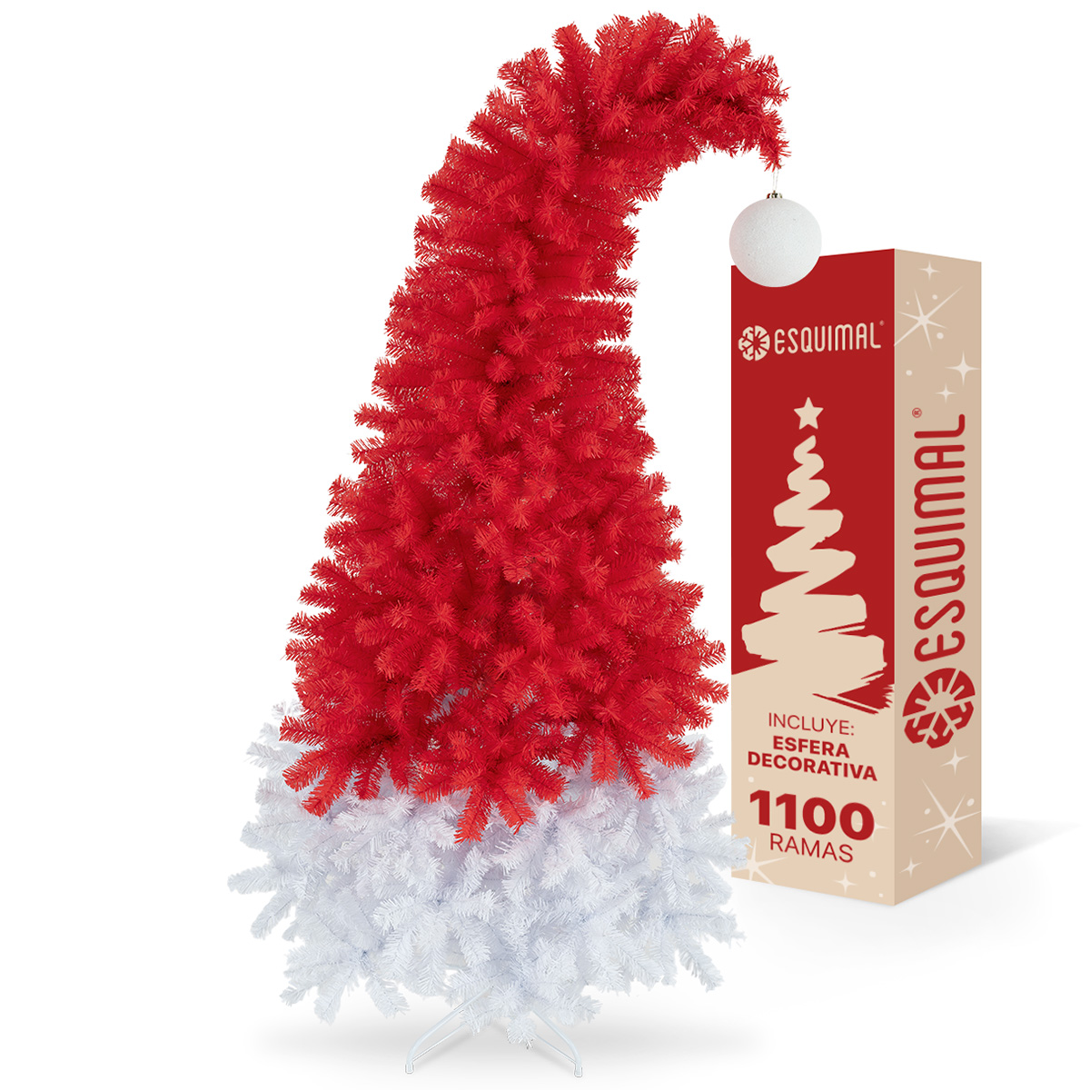 Árbol de Navidad Gorro de Santa Punta Flexible con Esfera 1.8m 1110 Ramas para Temporada Navideña Rojo/Blanco  ESQUIMAL