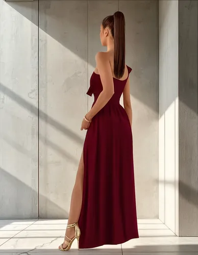 Vestido Largo Casual Fiesta Guinda Vino One Shoulder Apertura en Pierna y Olanes Tallas Spandex Stretch