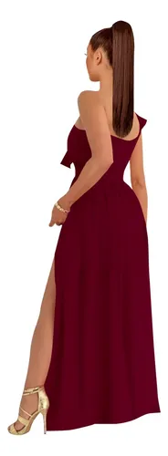 Vestido Largo Casual Fiesta Guinda Vino One Shoulder Apertura en Pierna y Olanes Tallas Spandex Stretch