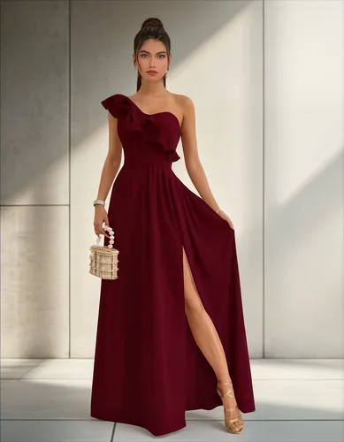 Vestido Largo Casual Fiesta Guinda Vino One Shoulder Apertura en Pierna y Olanes Tallas Spandex Stretch