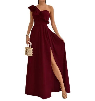 Vestido Largo Casual Fiesta Guinda Vino One Shoulder Apertura en Pierna y Olanes Tallas Spandex Stretch