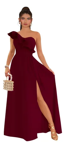 Vestido Largo Casual Fiesta Guinda Vino One Shoulder Apertura en Pierna y Olanes Tallas Spandex Stretch