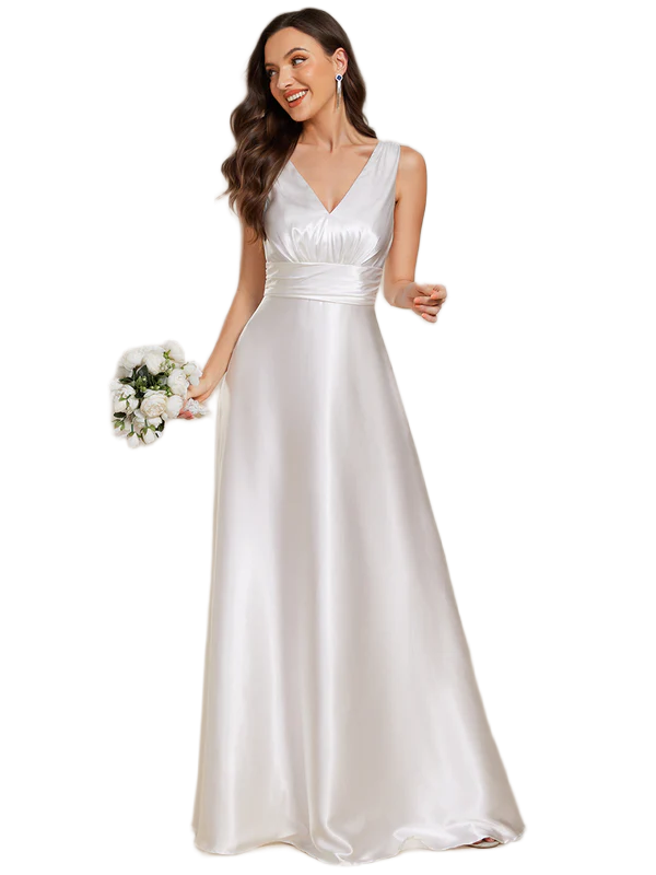 Vestido Elegante Largo de Fiesta Novia Boda Civil Blanco Sin Manga