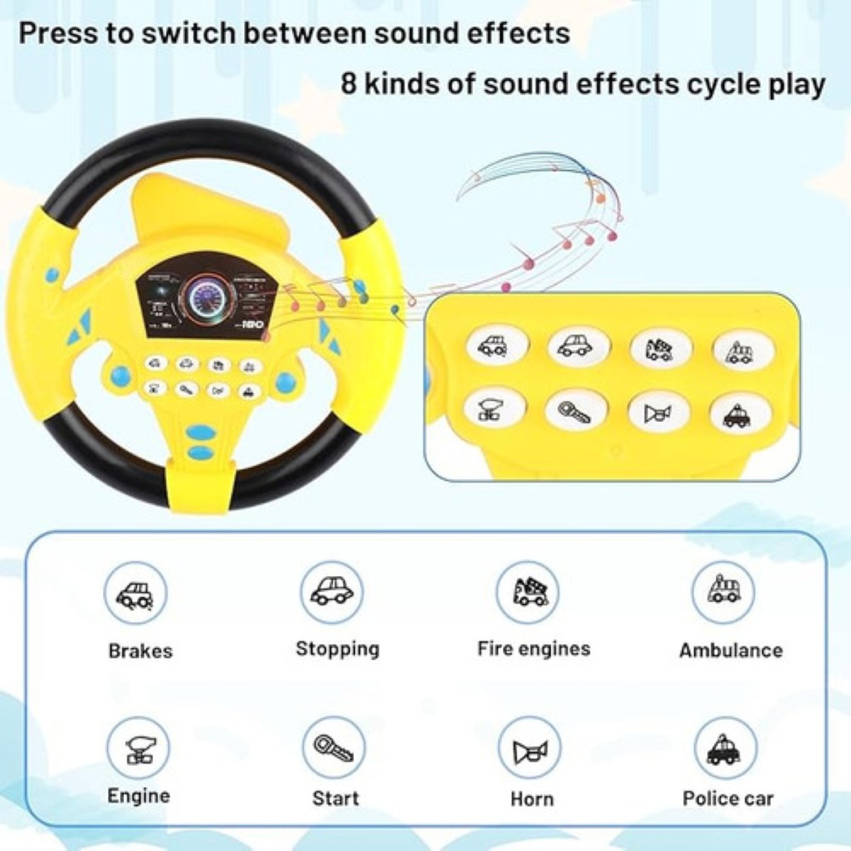 Volante De Juguete Simulado Con Ventosa – Gira 360°, Con Efectos De Sonido, Funciona Con 2 Pilas AA (no Incluidas), De Plástico ABS, Color Amarillo