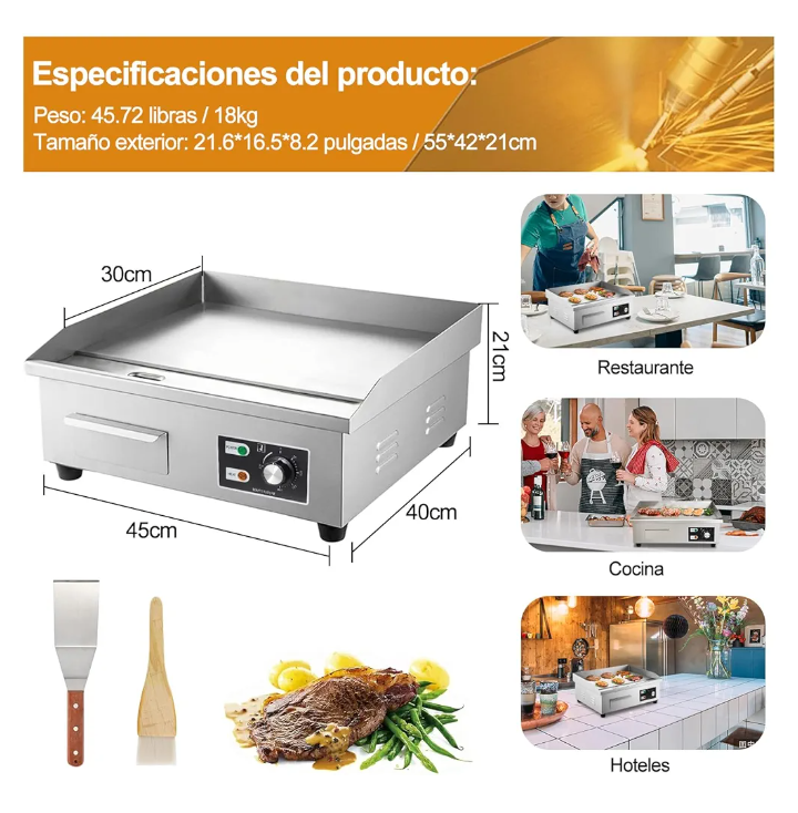Plancha parrilla electrica acero inoxidable temperatura ajustable 