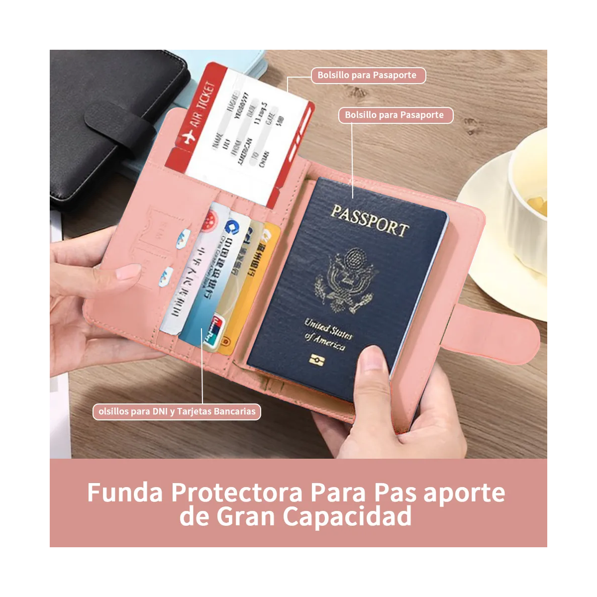 Porta Pasaporte Funda Documentos Protectora Viaje Con Rfid Coral Claro