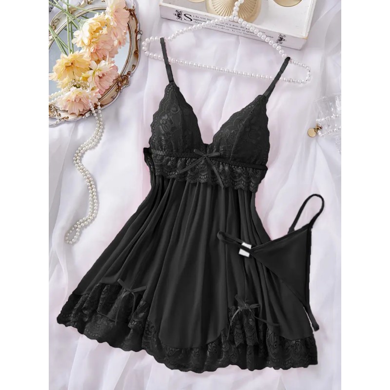 Babydoll Sexy de Encaje, Conjunto De Lencería Femenina y Braga, Vestido De Dormir