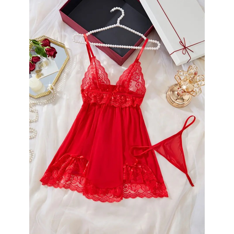 Babydoll Sexy de Encaje, Conjunto De Lencería Femenina y Braga, Vestido De Dormir