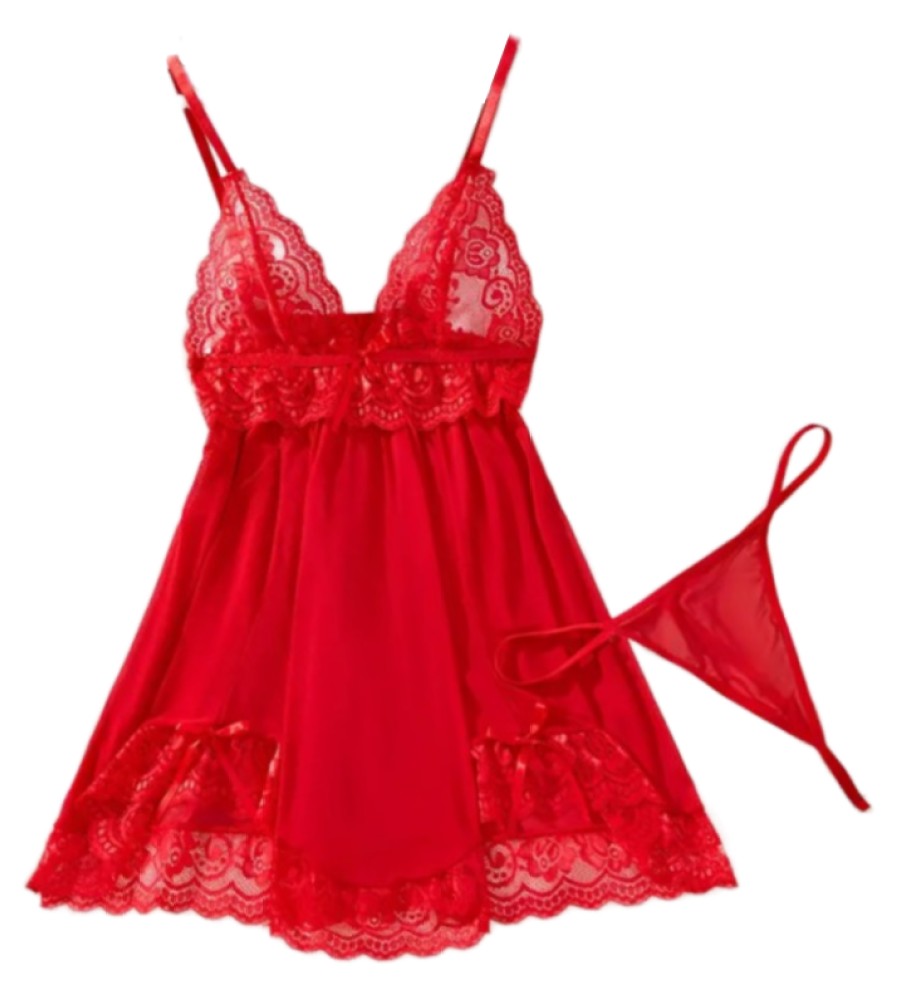 Babydoll Sexy de Encaje, Conjunto De Lencería Femenina y Braga, Vestido De Dormir